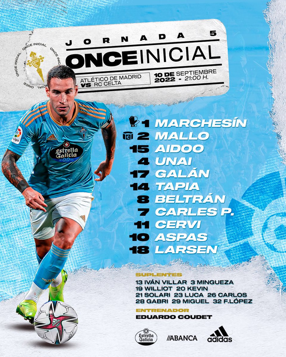 RCCelta's tweet photo. 📋✅ ¡Nuestro 𝗫𝗜 inicial 🆚 @Atleti!
#AtletiCelta #LaLiga https://t.co/YwoHlxfHAf