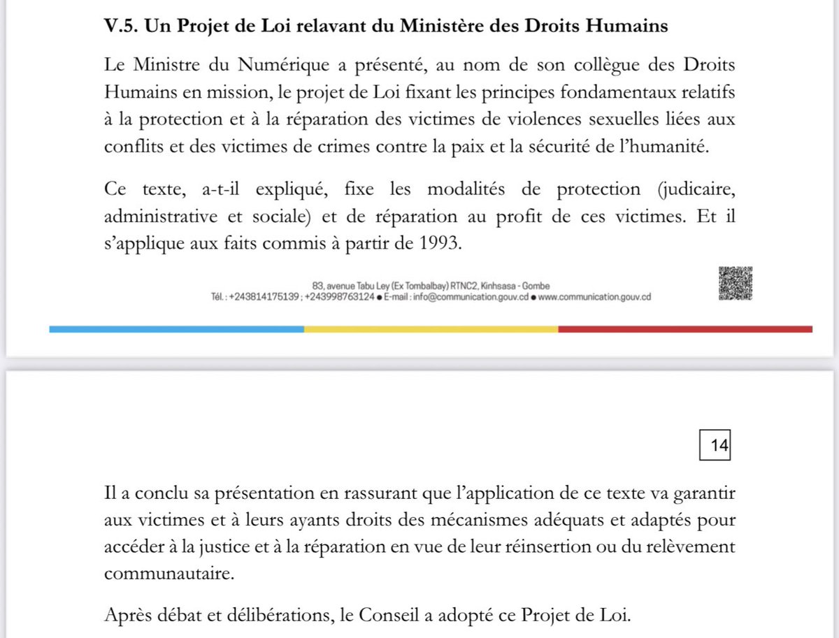 DeniseNyakeru's tweet photo. Je me réjouis de l’adoption par le conseil des ministres de l'avant-projet de loi sur les principes fondamentaux sur la protection et la réparation des victimes des violences sexuelles liées aux conflits et des victimes des crimes contre la paix et la sécurité de l'humanité. https://t.co/4lfgRr3t6W