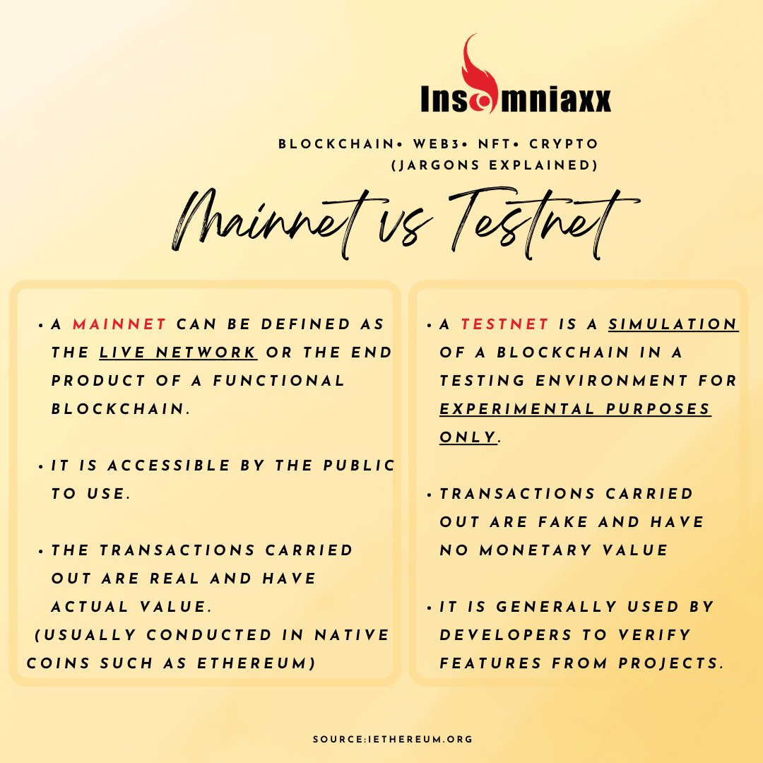 TravellaNFT's tweet photo. Jargons Explained: Mainnet vs Testnet
#cryptojargons
#cryptoeducation
#crypto
#NFTCommunity
#travellaNFT
#Insomniaxx
#cryptonews https://t.co/djCG0i7qQL