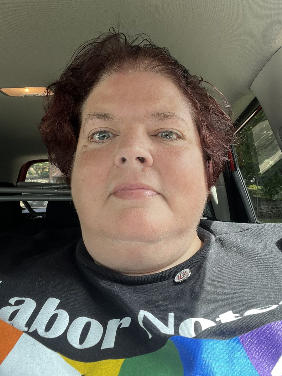IntrepidReportr's tweet photo. The @labornotes Pride shirt for the win in the #unionDrip poll. But still had to represent the @newsguild so I am wearing my button. #LaborWeek https://t.co/38ysNNVvGW