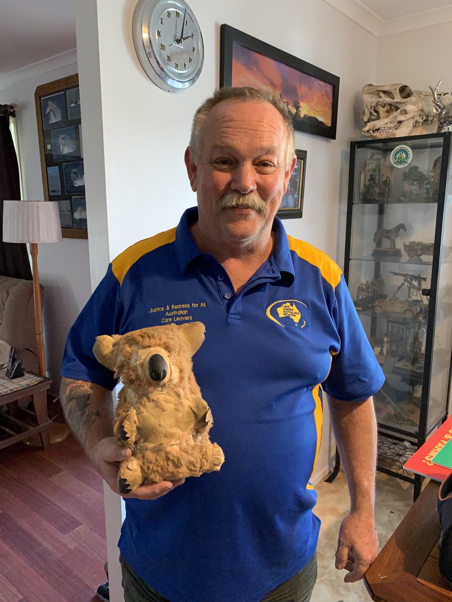 CLAN_AU's tweet photo. Thanks Ian for donating your Koala Bear to Australian Orphanage Museum 
Ian got Koala when he was in StAidans #Bendigo 

He was moved at 9ys to StAugustine’s Boys’Home #Geelong 
#Redress for brutal bashings he got w horse bridle &amp; whip 
⁦@ColinBrooksMP⁩
⁦@johnerenmp⁩ https://t.co/KEAMhlCRQL