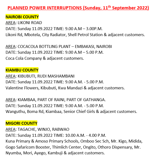 KenyaPower_Care's tweet photo. Hello, these areas will be affected by scheduled power interruptions tomorrow: ^BT https://t.co/kgIIeqYhpL