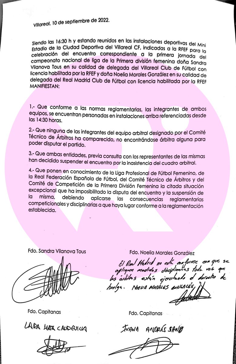 relevo's tweet photo. El Real Madrid firma su rechazo a las sanciones contra las árbitras que habían pedido desde la LPFF "toda vez que estén ejerciendo el derecho de huelga". 

Así lo puso de manifiesto en el acta del partido aplazado contra el Villarreal.

@sergiofernan5ez 🤝 @Mayca_Jimenez https://t.co/EZrVFlwFmG
