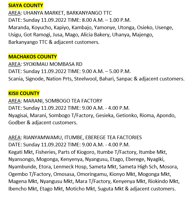 KenyaPower_Care's tweet photo. Hello, these areas will be affected by scheduled power interruptions tomorrow: ^BT https://t.co/kgIIeqYhpL