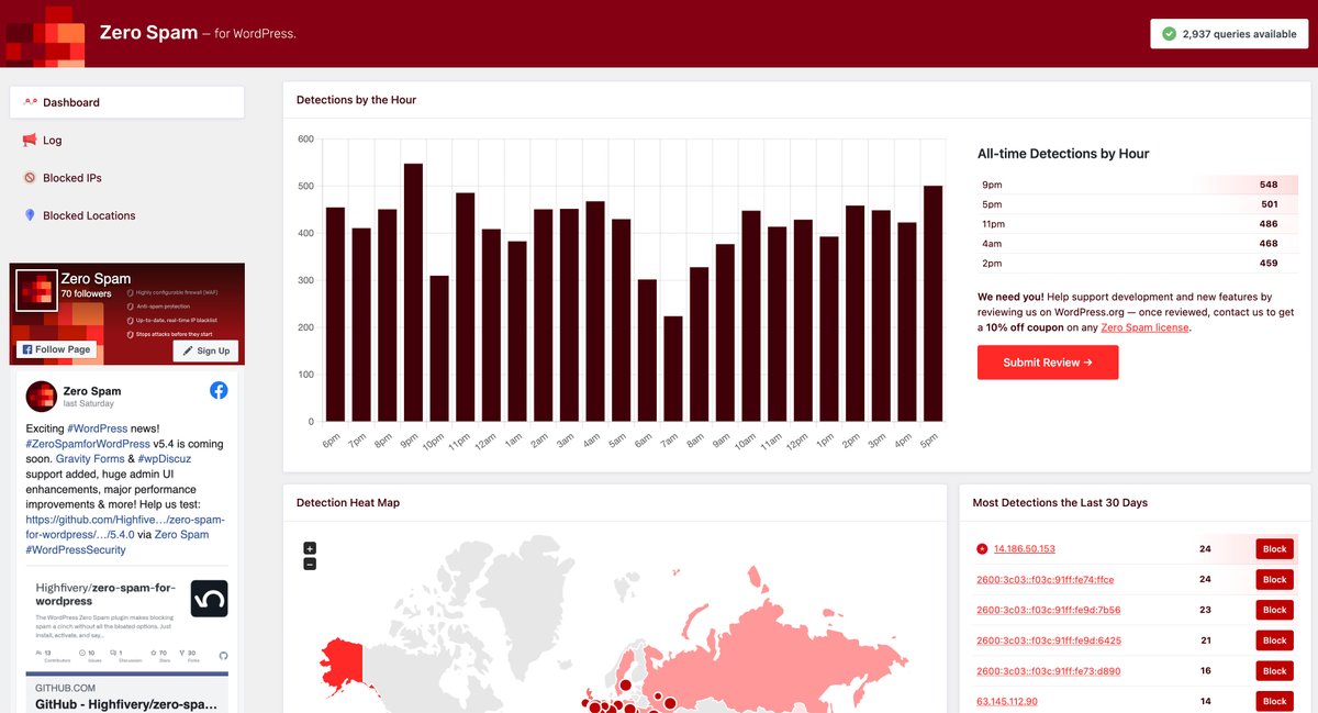 #ZeroSpamforWordPress v5.4.1 release coming soon! Here's a sneak peek at the updated dashboard w/more insights — getting GREAT feedback at #WCUS. #WordPress via <a href="/ZeroSpamOrg/">Zero Spam</a>