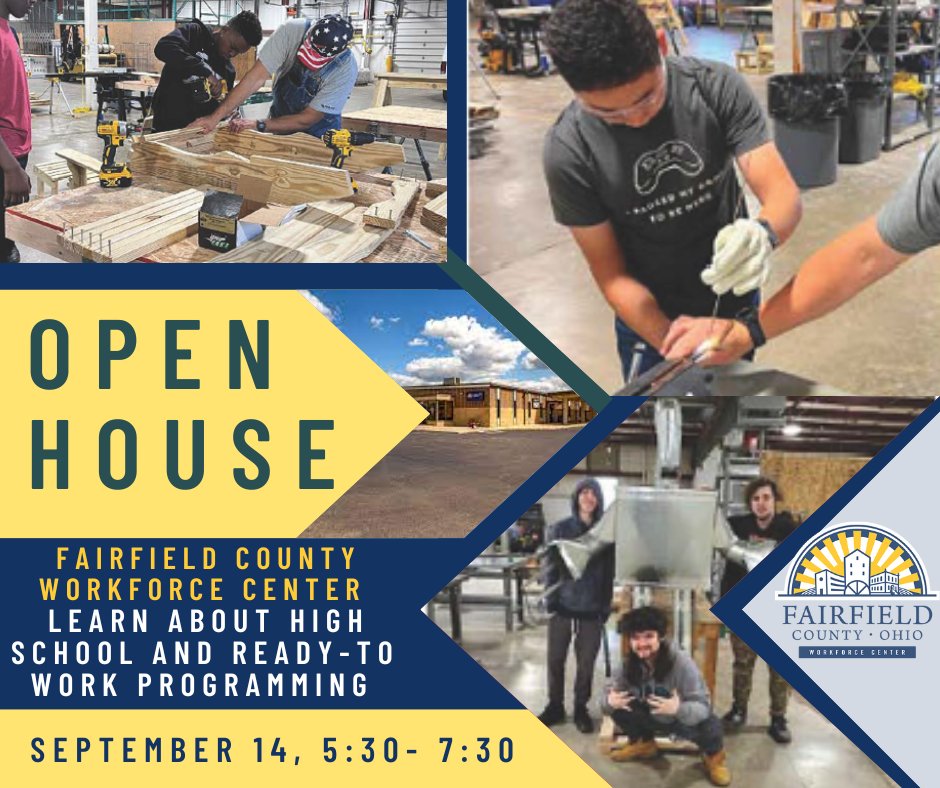 fairfieldco's tweet photo. Join us! Learn about our ready-to-work and high school programs. Tour the facility and meet our team members. Sept. 14 @ 5:30 pm. 4465 Coonpath Drive.  #readytowork #workforcecenter #newcareer #highschoolsenior #skilledtrades https://t.co/ozgITMaN28 https://t.co/SIN1JKssq7