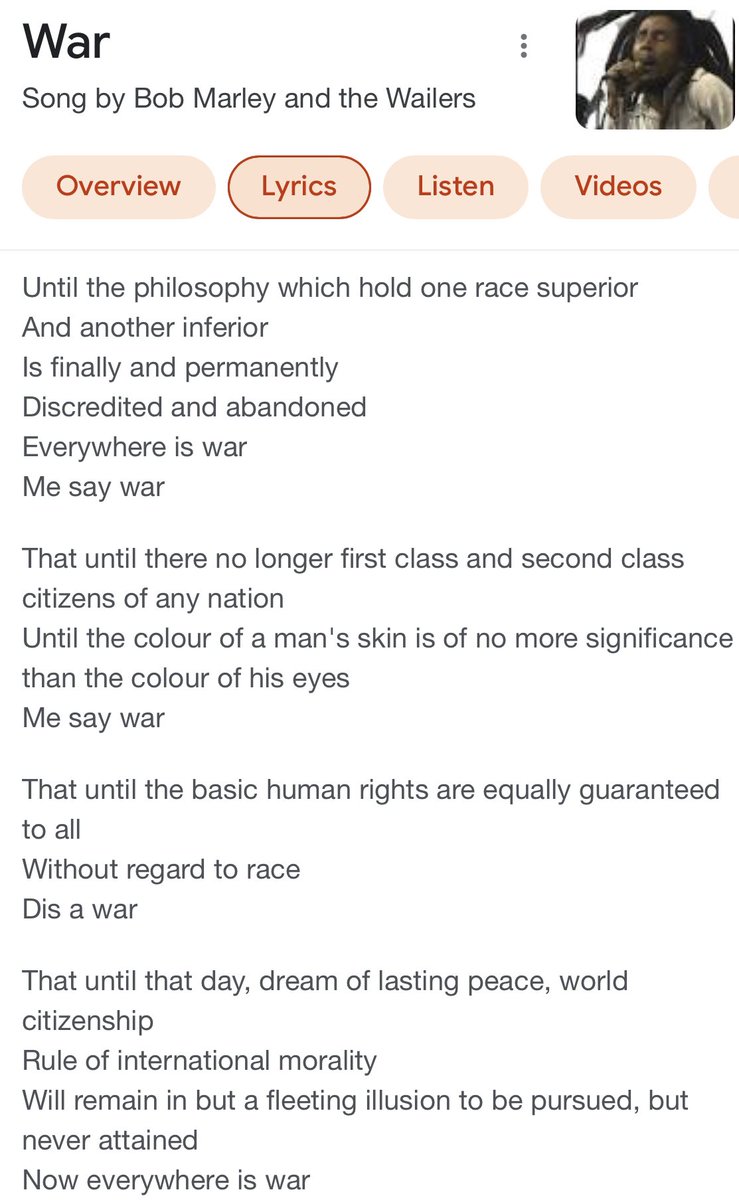 browntammy's tweet photo. World history proves the lyrics to “War” by Bob Marley are always relevant. #BlackTwitter #IrishTwitter #CaribbeanTwitter #AfricanTwitter #IndianTwitter #QueenElizabeth #Queen @LeftSentThis @UjuAnya https://t.co/pMu2jjuvC4