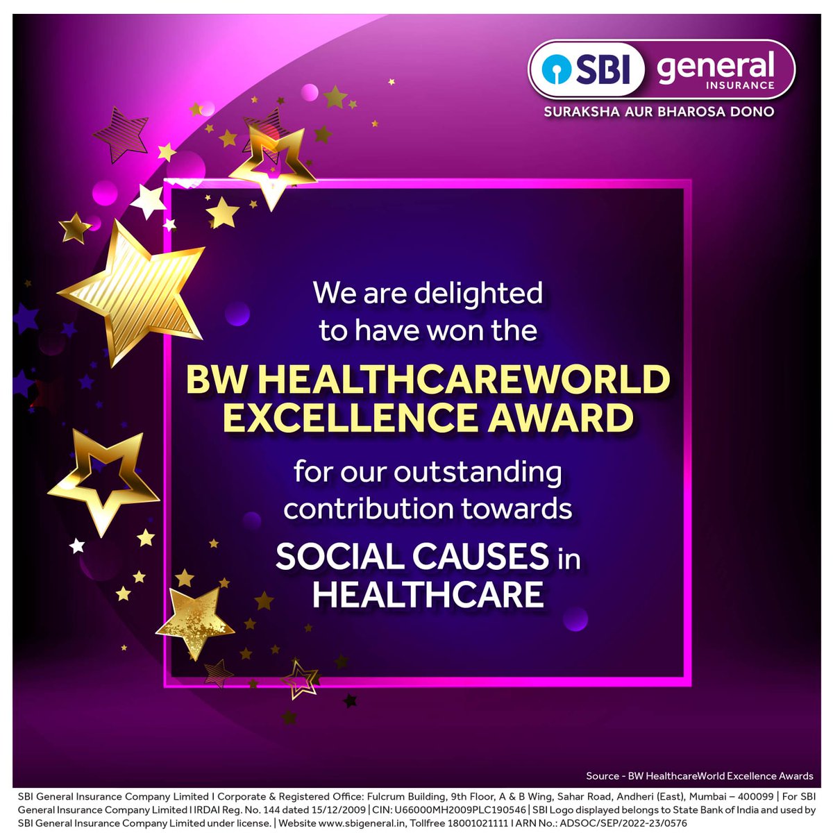 sbigeneral's tweet photo. We announce with great pleasure that our contribution towards Social Causes in Healthcare has won us the BW Healthcare World Excellence Award.

#SBIGeneral #AwardPost #BWHealthCareWorld #SocialCause #ProudMoment #Delighted https://t.co/7O2YgTtl1t