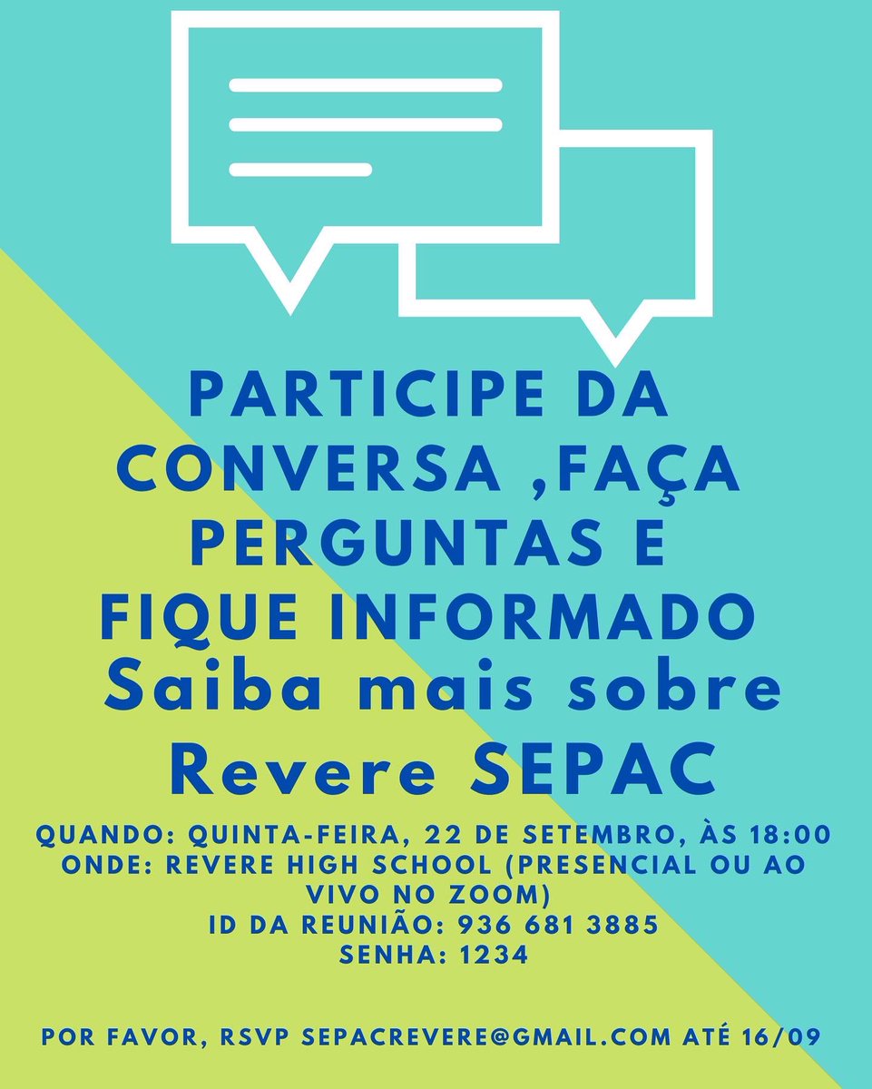 RevereSEPAC's tweet photo. REVERE SPECIAL EDUCATION PARENT ADVISORY COUNCIL

ASK QUESTIONS 📣 
STAY INFORMED 📝 

WHEN: THURSDAY, SEPTEMBER 22 AT 6:00 PM
WHERE: REVERE HIGH SCHOOL (LEARNING
COMMONS) OR LIVE ON ZOOM
MEETING ID: 936 681 3885
PASSCODE: 1234
PLEASE RSVP SEPACREVERE@GMAIL.COM BY 9/16 https://t.co/Kvdpe8TZgC