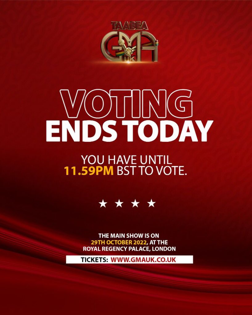 Voting Ends today at 11.59pm British Summer Time. Now is the time for you to vote on gmauk.co.uk/vote
Link in bio.
•
Also if you are in Ghana, 
Dial *447*2022# on all networks,
and follow the prompts.
••••••
#gmaukxtra
#gmauk22 #ghanamusicawardsuk2022