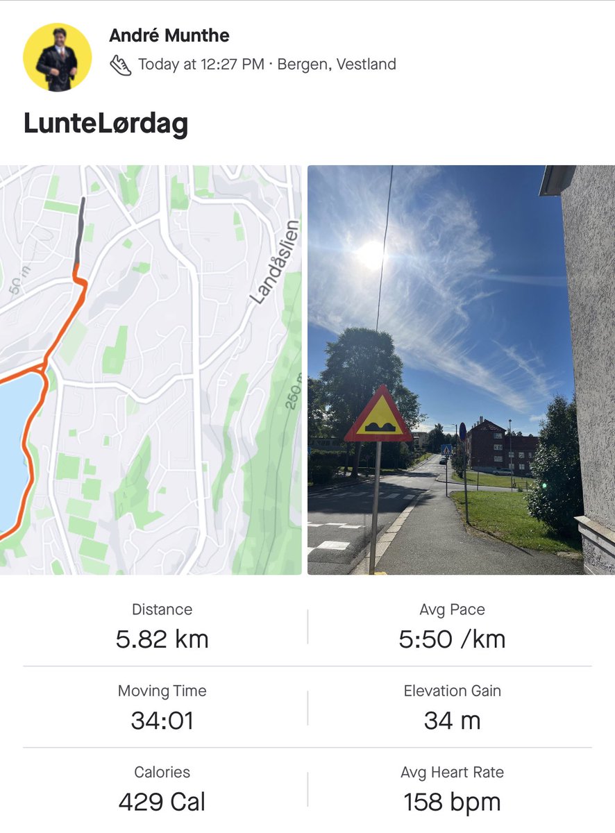 🏃🏽5mnd etter avrevet akilles, begynte opptrening med fyso etter 3mnd, som har gitt resultater i en liten joggetur idag… små gleder😄 

#fintwit har en <a href="/Strava/">Strava</a> alle er velkommene til å bli med i✌🏻⤵️
strava.com/clubs/936541
🥇<a href="/sbkj1979/">Siri Johansen</a> 🏆

Godhelg😄