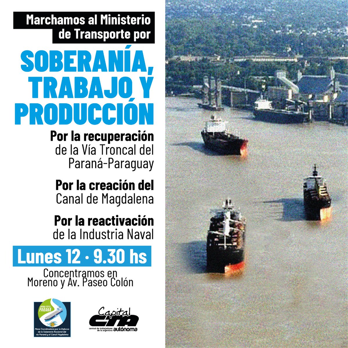 CTAACapital's tweet photo. #soberania | Este lunes 12 de septiembre Marchamos por Soberanía, Trabajo y Producción.
Concentramos a las 9:30 hs en Moreno y Paseo Colon
Marchamos al Ministerio de Transporte

#trabajo #produccion https://t.co/uYtQafBjdZ