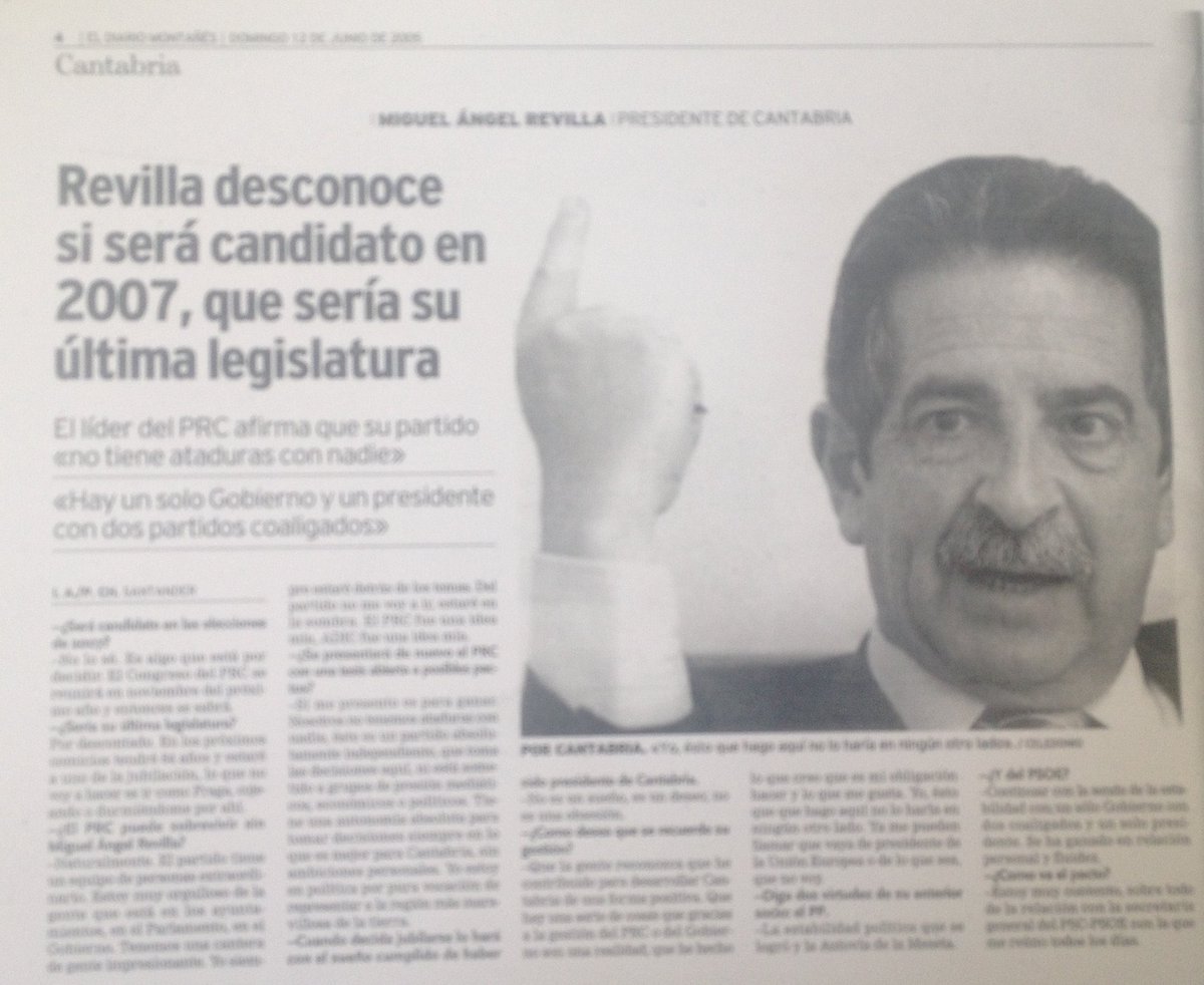 El viernes un periodista me preguntó si creía que Revilla se presentaría  como candidato a la presidencia de Cantabria 

Esta fue mi respuesta: “Esto es como acertar la quiniela el lunes, se presenta sí o sí”.

Y eso que en 2007 dijo que sería la última vez.  🤦🏻