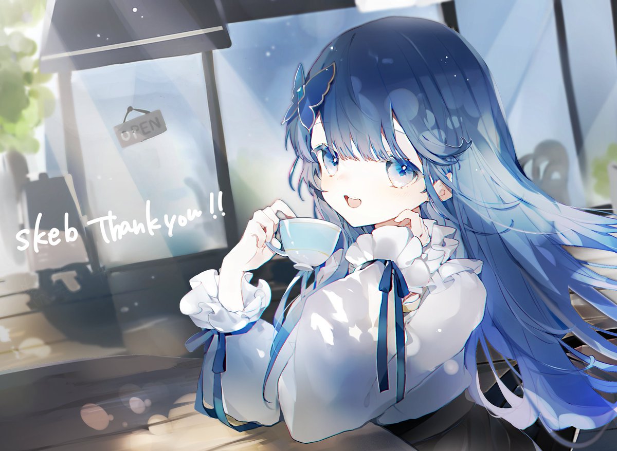 1girl cup blue eyes holding cup blue hair long hair holding  illustration images