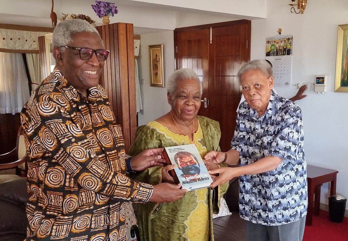 Mama Maria Nyerere, widow of Mwalimu Julius Nyerere, was gracious enough to receive Ambassador Juma Mwapachu (right) and I  when we paid her a visit at Msasani,Dar es Salaam.We presented to her a copy of our book: 38 Reflections on Mwalimu Nyerere.
<a href="/MkukiNaNyota/">Mkuki na Nyota</a> 
<a href="/Afbkcollective/">African Books Collective</a>