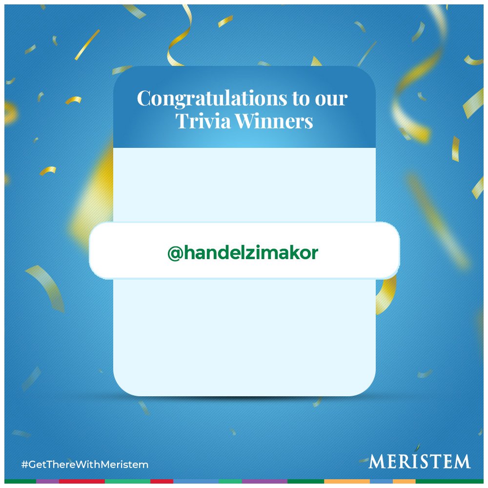 MeristemNigeria's tweet photo. Here are more winners from our trivia contest. Congratulations! @handelzimakor Please send a DM to redeem your gift
Never forget that it is never too early to begin investing.
To begin, dial 0700-MERISTEM right now.
#GetThereWithMeristem https://t.co/cJmxvnSzaw