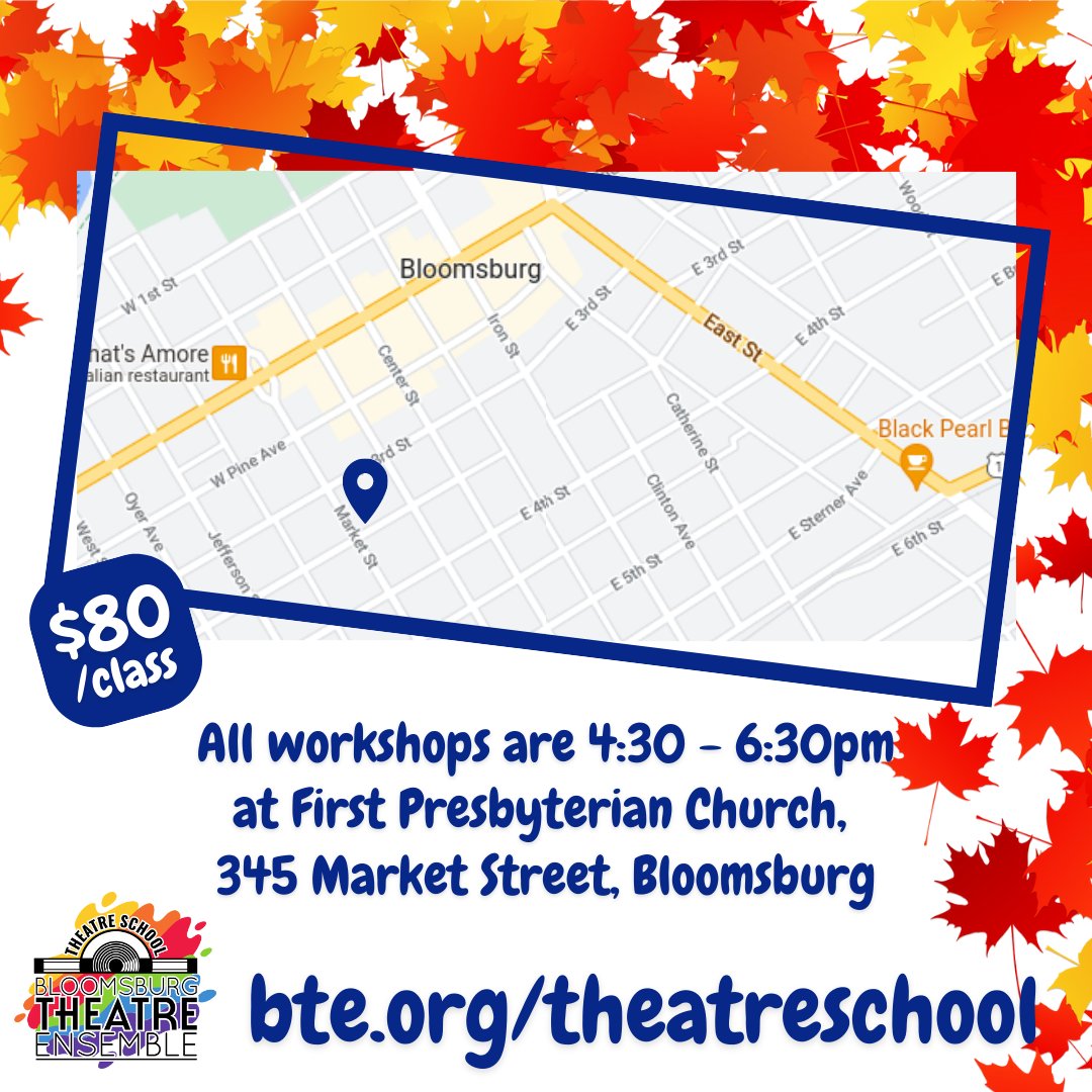 Fall theatre school is right around the corner! Three amazing workshops--two incredible instructors--fall fun for the whole family! 🍂💫 
Class options for ages 5-18
To register, visit bte.org/theatreschool