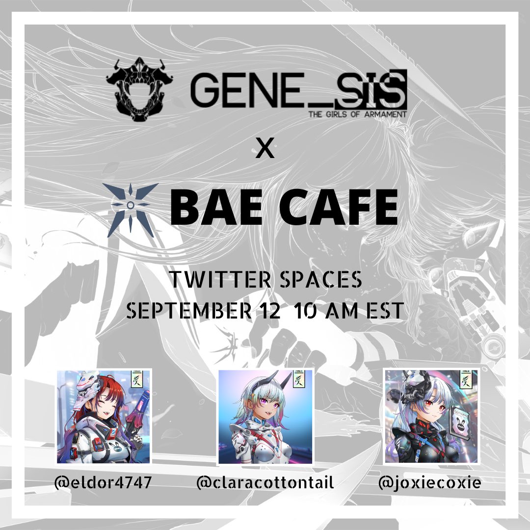 Let’s dive in anime meta together with <a href="/baebaecafe/">BaeCafe</a> on September 12th at 10am EST! 

Our speakers will be <a href="/claracottontail/">cottons.eth ✊️🇺🇸</a>, <a href="/eldor4747/">eldor</a> and <a href="/joxiecoxie/">JoxieCoxie🧦💜 (authentic chaos arc)</a>! 

Set a reminder below!👇