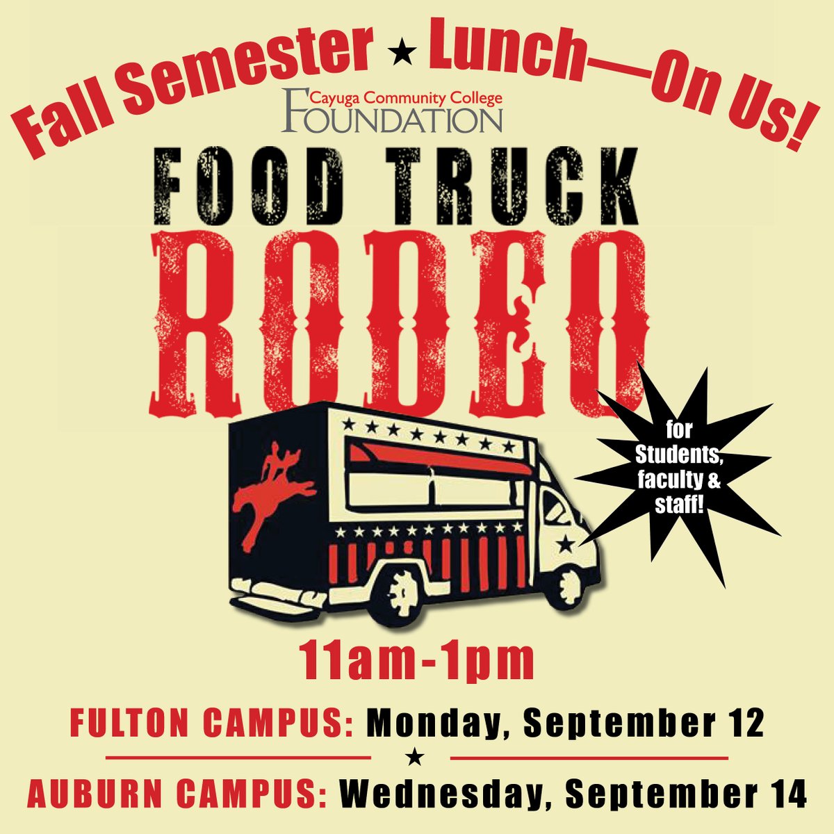 CayugaCC's tweet photo. #Students, stop by either campus next week for a free lunch, courtesy of our #CollegeFoundation!

#cayuga #communitycollege #newsemester #lunch #newstudents #fall2022 #returningstudents #foodtrucks #auburnny #fultonny https://t.co/u9pPG4YaS4