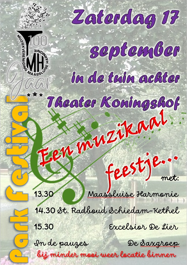Volgende week ZA 17 september volop muziek in de tuin achter <a href="/theaterkonhof/">Theater Koningshof</a> Dan vieren wij met wie maar wil komen luisteren een muzikaal feestje tgv ons  💯 ste verjaardag!
