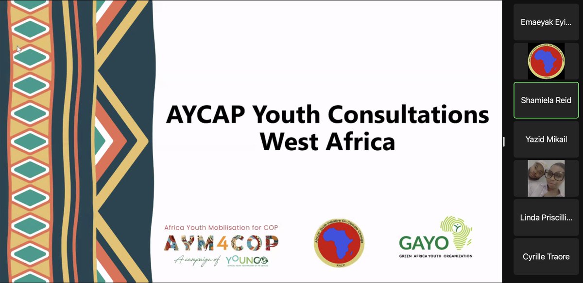AYICC's tweet photo. We are live again for the last AYCAP Youth Consultation for West Africa organized in partnership with @IYCM @aym4cop & @gayoghana
You can join using the link — https://t.co/b5pZt5Hj4N #ClimateAction #AYCAP #AfricaYouth4ClimateAction https://t.co/oq53N2x3q8