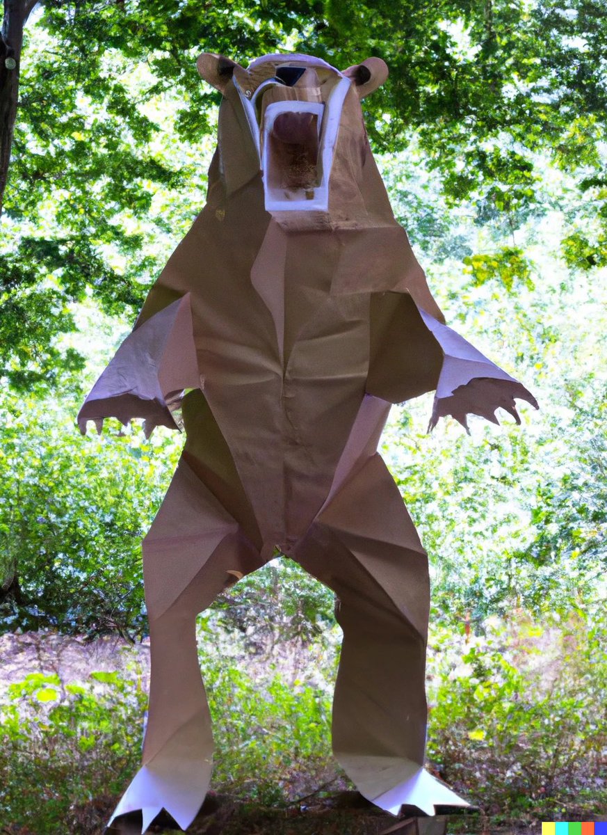 TroyJstone's tweet photo. Turns out Russia is a #paperbear.
With events in #Kerson and the Ukrainian push, I tried #dalle variations on "A realistic photo of a forest a large and angry looking bear made of paper stands on its hind legs with large claws." https://t.co/xWJ3LF8vZQ