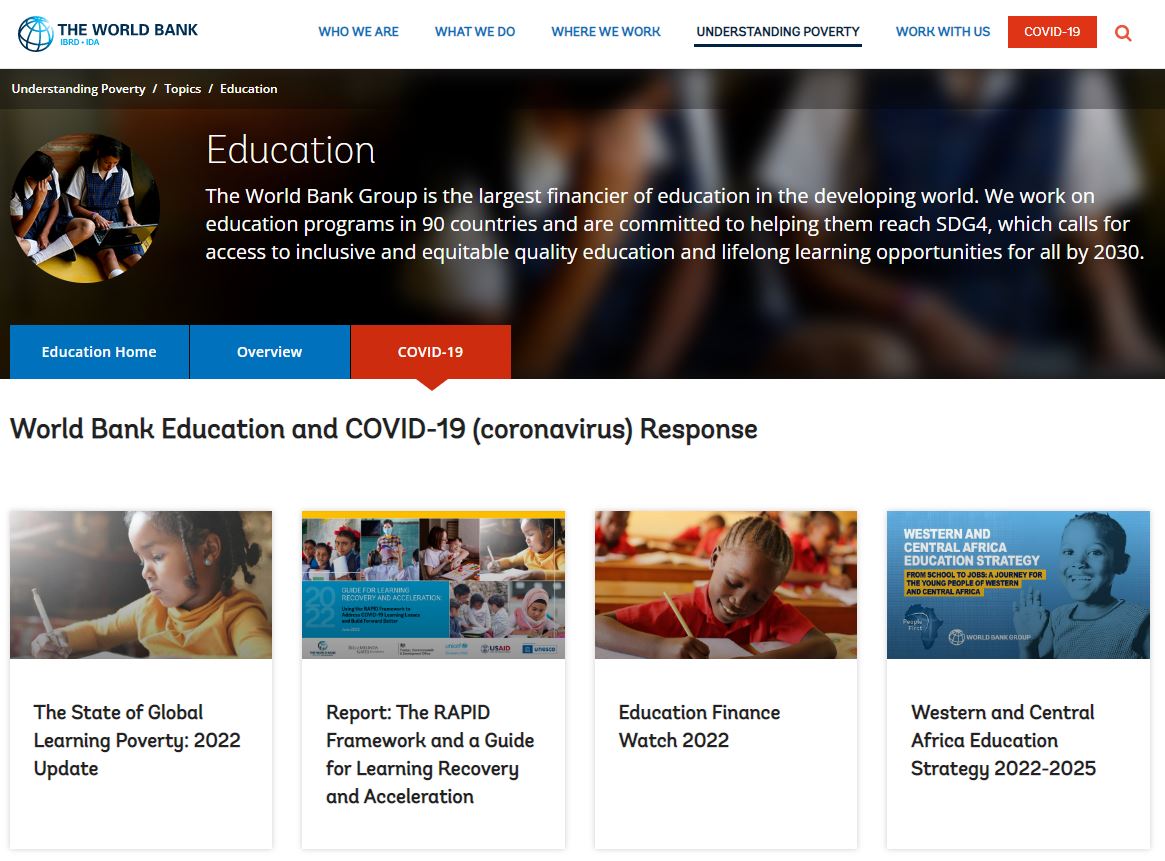 WBG_Education's tweet photo. 🌐The @WorldBank is working to support countries as they cope with the global #learning crisis and is also providing ongoing support to systemic #education reforms to recover &amp; accelerate learning.

ℹ️ Learn more about our #COVID19 Response: https://t.co/oXc3IAEBxw https://t.co/Pqws7W2tGq