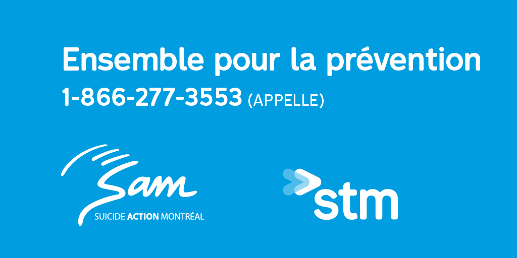 [STMxSAM] 🌎🤝 C'est la Journée mondiale de la prévention du suicide. <a href="/SuicideMtl/">Suicide Action Mtl</a> est disponible pour vous et vos proches gratuitement, en tout temps (24h/7j). Téléphonez dès maintenant si vous en ressentez le besoin. #JMPS2022

📞 1-866-277-3553
⏩ bit.ly/3RmUNkg
