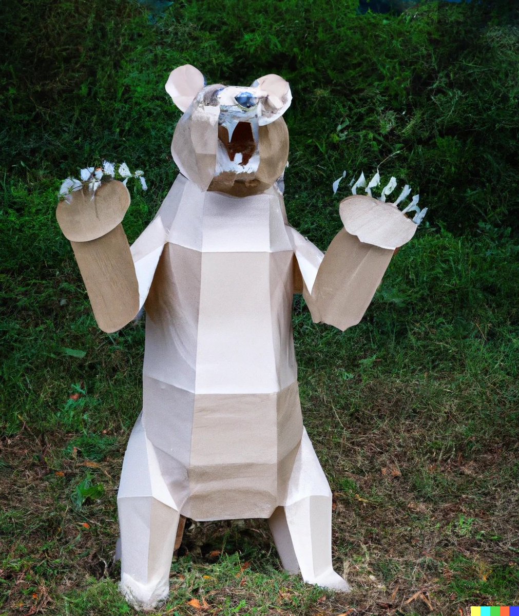 TroyJstone's tweet photo. Turns out Russia is a #paperbear.
With events in #Kerson and the Ukrainian push, I tried #dalle variations on "A realistic photo of a forest a large and angry looking bear made of paper stands on its hind legs with large claws." https://t.co/xWJ3LF8vZQ