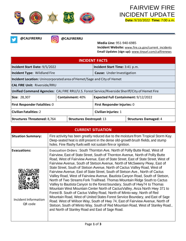 CALFIRERRU's tweet photo. Fairview Fire Morning Incident Update 9/10/22
https://t.co/LwiwVJd2Zn https://t.co/i2u1yYXSO9