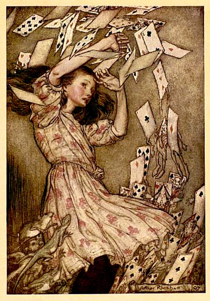 frome_maude's tweet photo. “At this the whole pack rose up into the air &amp; came flying down upon her...” 
Alice’s Adventures in Wonderland, by Lewis Carroll, 1865 
Image: Arthur Rackham, 1907 #BookWormSat https://t.co/pxxXM1tbMi