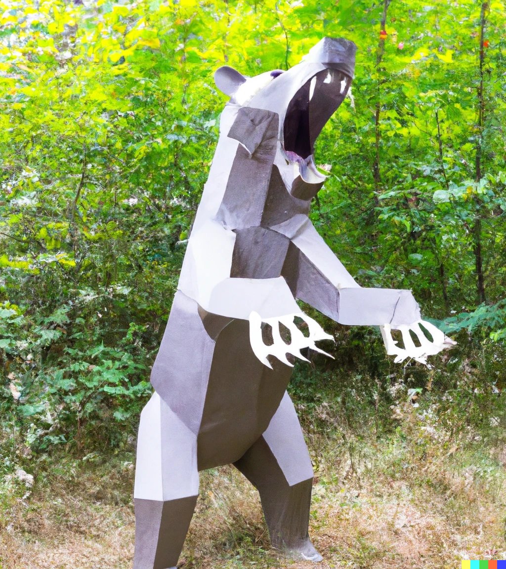 TroyJstone's tweet photo. Turns out Russia is a #paperbear.
With events in #Kerson and the Ukrainian push, I tried #dalle variations on "A realistic photo of a forest a large and angry looking bear made of paper stands on its hind legs with large claws." https://t.co/xWJ3LF8vZQ