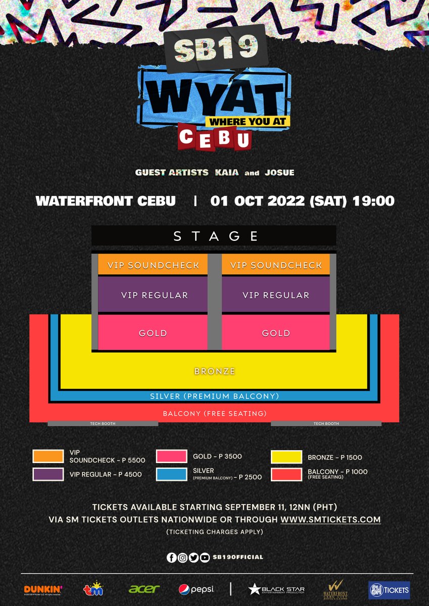 Second stop: CEBU!

Here’s the dealio: Check out the #WYATTourCebu ticket tiers and seat plan below to score your sah-weet viewing experience! 🥳

Naay pangutana? Geh lang, we’ve got you covered. Atangi!

#WYAT #WYATTour
#WhereYouAtSB19