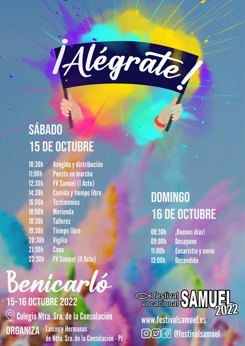 🎉OS PRESENTAMOS EL CARTEL DEL #SAMUEL22 🎉

👏🏼¡Alégrate! será el lema que nos acompañará en Benicarló🔜

📅En la segunda foto encontraréis los horarios⏰

📍Reserva las fechas, 15 y 16 de Octubre, ¡NOS VEMOS PRONTO!🤩

ℹ️Más info en la web festivalsamuel.es