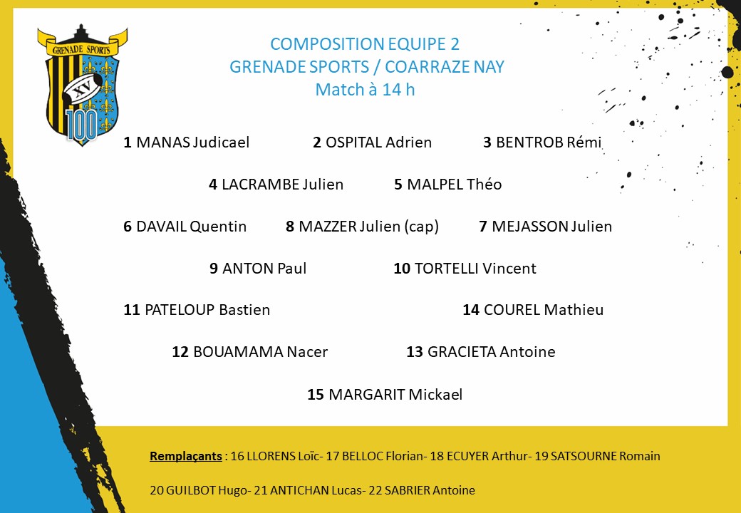 Les premières compos d'équipe du #GS en Fédérale 2, pour la réception de Coarraze Nay, dimanche 11/09 à 14h et 15h30 #Grenade #JauneetNoir #jourdepremière #promu