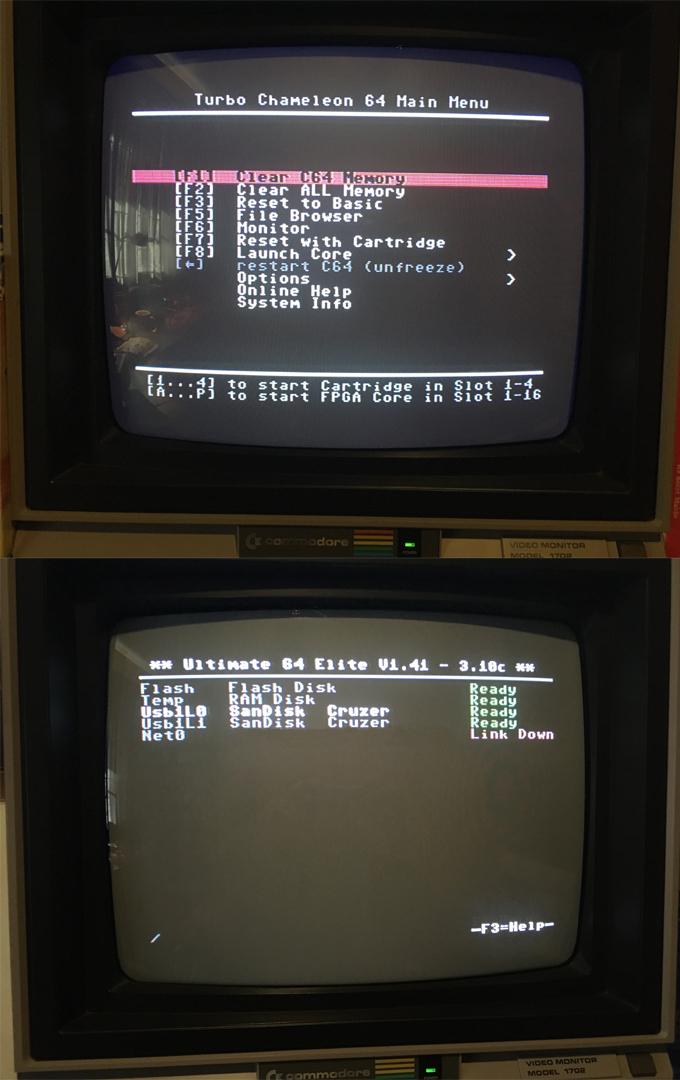 PS4Ron's tweet photo. Today i setup my second #Commodore1702 monitor so i can have two #C64 on at the same time. The #Ultimate64 and my #Commodore64 with the #TurboChameleon64 cart, both run nicely. #ETtheExtraTerrestrial also wanted to be on the picπ https://t.co/pi2OTCEHqH