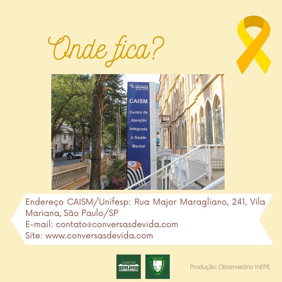 epenfermagem's tweet photo. Você já conhece o Ambulatório Conversas de Vida ? Ele funciona no CAISM Vila Mariana.
#unifesp #somosunifesp #epe #somosepe #epeunifesp #caism #conversasdevida #observatorioepe #observatorioepeunifesp #setembroamarelo #10desetembro https://t.co/spZCZxMBrg