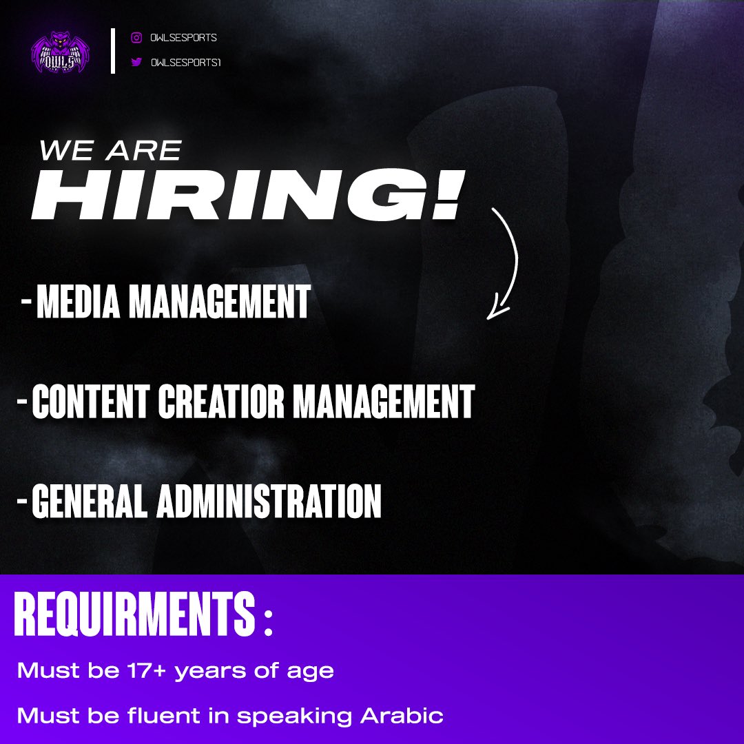OWLSESPORTS1's tweet photo. 🪶 | OWLS ESPORTS IS HIRING!

- We are looking for administrators for the following departments:

- MEDIA MANAGEMENT 
- CONTENT CREATOR
- GENERAL ADMINISTRATION 

If you are interested Send your (CV) via dms

#owlsskill https://t.co/082GGDvv3u