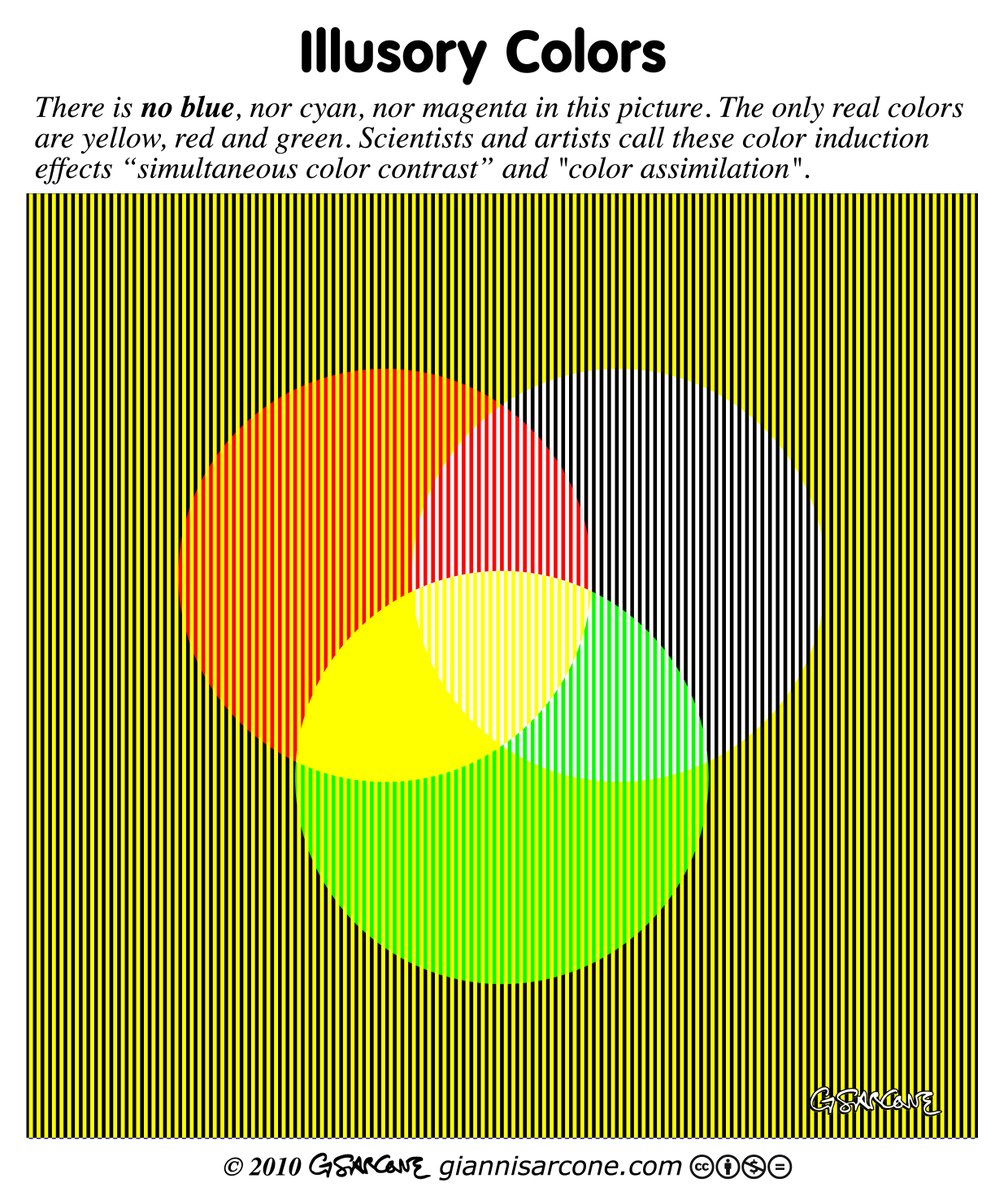 gsarcone's tweet photo. When, your brain lies… There is NO blue, nor cyan, nor magenta in this picture! (Click to enlarge to see the effect)
Concept taken from my book “Drawing Optical Illusions”: https://t.co/DPZgyIu1Ql
#opticalillusion #colorcontrast #colorassimilation #bezoldeffect #opart https://t.co/gdxFJTNeHu