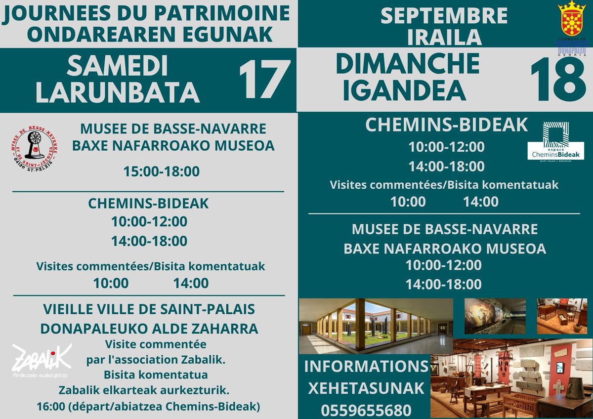 CBideak's tweet photo. 📣Les Journées du Patrimoine approchent! A cette occasion, Saint-Palais ouvre les portes de son Histoire et de son Patrimoine, le samedi 17 et dimanche 18 septembre. Espace Culturel Chemins-Bideak, visites libres ou commentées, musée de Basse-Navarre en accès libre et gratuit. https://t.co/hyfijlNjVS