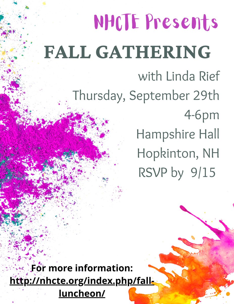 NHCTEorg's tweet image. There's still time to register! Join us as @LindaMRief  walks us through tips on using photography and watercolors in our k-12 classrooms. September 9/29 at 4pm. Register here: nhcte.org/index.php/fall…