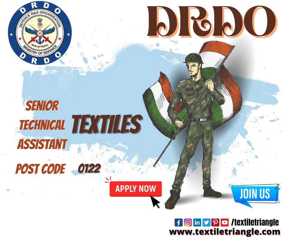 TextileTriangle's tweet photo. DRDO HIRING. Textile engineers can take advantage of dynamic career opportunities at the DRDO and govt-based salaries and other benefits
APPLY NOW: https://t.co/v80Yyolrfx
#textiletriangle #textilejobs #jobalert #hiring #applynow #career #textile #job #drdo #sta #ceptam #defence https://t.co/4S7nQpTNvg