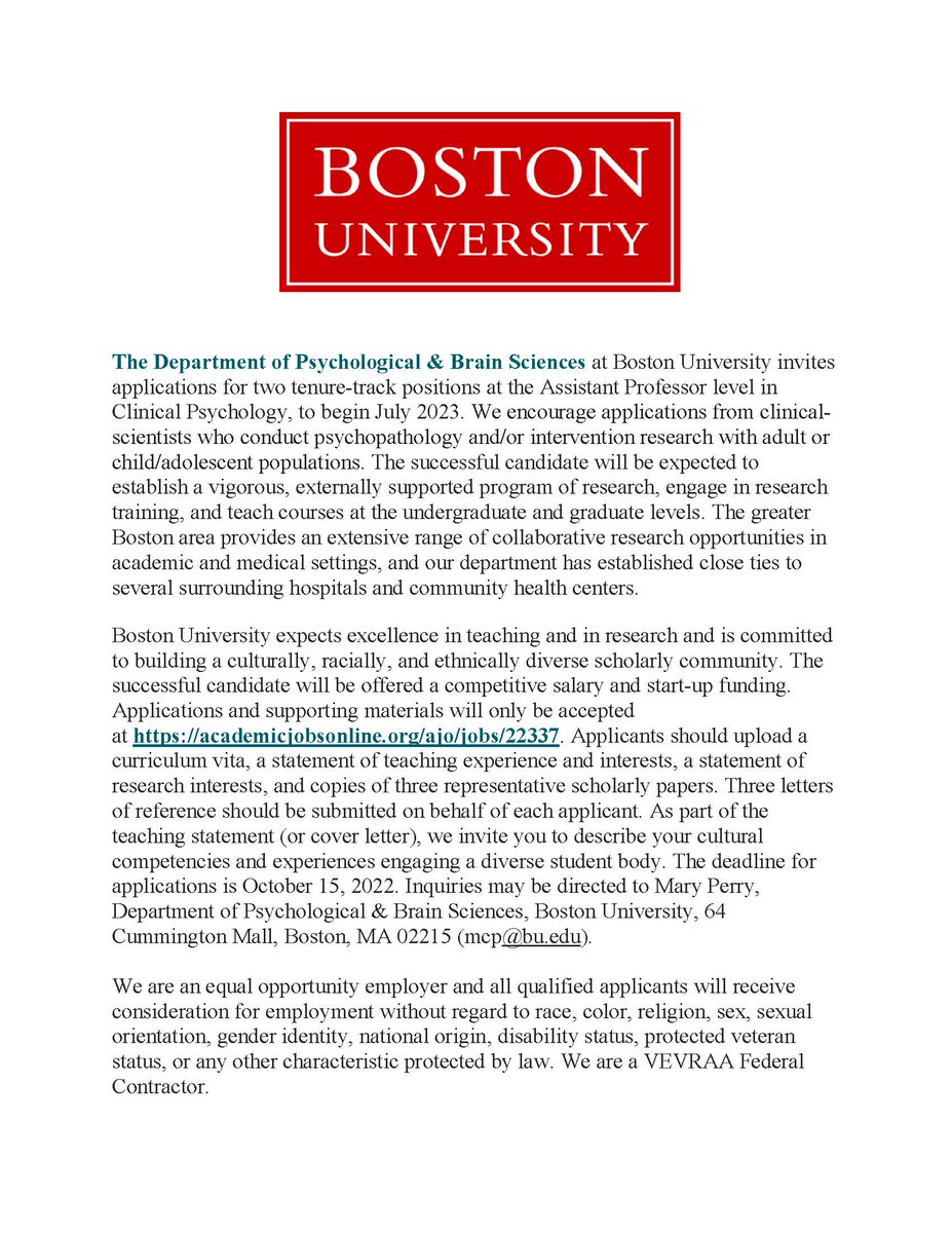 Kristin Long (@kristinlongphd1) on Twitter photo Join us @ Boston University! The Dept. of Psychological & Brain Sciences has TWO tenure-track positions open to begin July 2023. Applications due 10/15. Link below for the full posting.
Link: academicjobsonline.org/ajo/jobs/22337
Happy to answer any questions!
kalong@bu.edu Join us @ Boston University! The Dept. of Psychological & Brain Sciences has TWO tenure-track positions open to begin July 2023. Applications due 10/15. Link below for the full posting.
Link: academicjobsonline.org/ajo/jobs/22337
Happy to answer any questions!
kalong@bu.edu