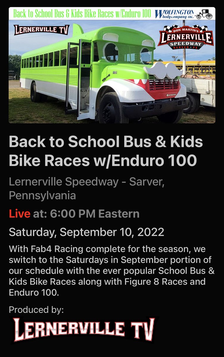 🎶👶🏻🦈🎶

It’s the song adults love to hate or hate to love, but the kids still LOVE IT &amp; tonight is all about the KIDS! School Bus &amp; Kids Bike Races, plus a huge field of Figure8s &amp; our 2nd Enduro100 of the season! If you can join us in Sarver, log on to Lernerville.TV!