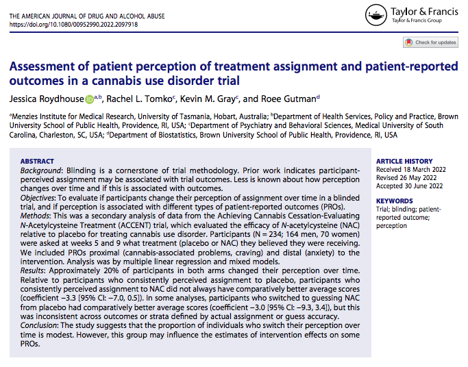 AJDAAJournal's tweet photo. Assessment of patient perception of treatment assignment and patient-reported outcomes in a cannabis use disorder trial
Jessica Roydhouse, Rachel Tomko, K. Gray & Roee Gutman
→ https://t.co/QG3BBPpfcQ
#CannabisUseDisorder #PatientPerceptions #DrugTrials #NAcetylcysteine #RCTs https://t.co/ZB7WMFwxFr