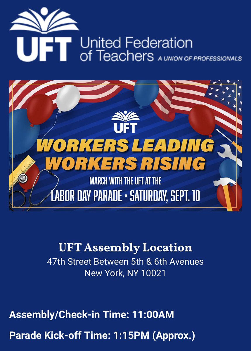 AFTEVPDeJesus's tweet photo. Happening Now! @UFT once again participates in the NYC Central Labor Council's Labor Day Parade on 5th Avenue! Marty Walsh, the US Sec of labor is the Grand Marshall. Join us on West 47th Street bwt 5th &amp; 6th Ave in Manhattan at 11 a.m. Who are we #UFT! #AFTStrong #laborday2022 https://t.co/Dqfs4NmO6E