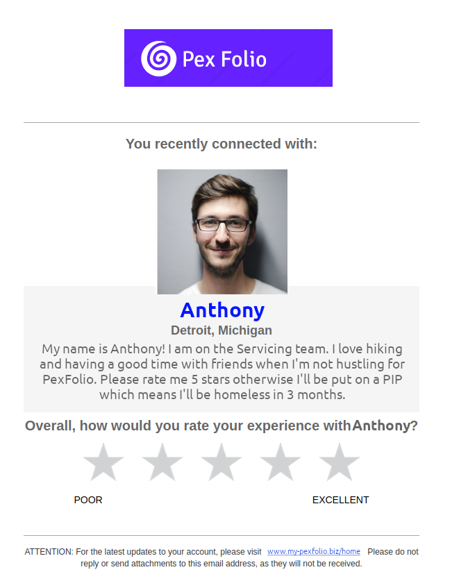 Geez, these are getting serious.

Seriously though, real companies and their managers need to stop relying on customers to rate every interaction with their employees.