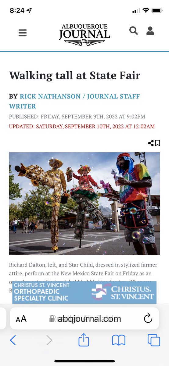 StiltCircus's tweet photo. Such a wonderful article of Stilt Circus beautifully written by Rick Nathanson of  Albuquerque Journal &amp; photos by Chancey Bush. It explains the history of Stilt Circus as well how Rich &amp; I got together &amp; began traveling the country spreading joy &amp; a sharing our visual art from. https://t.co/6TmN63wdUS