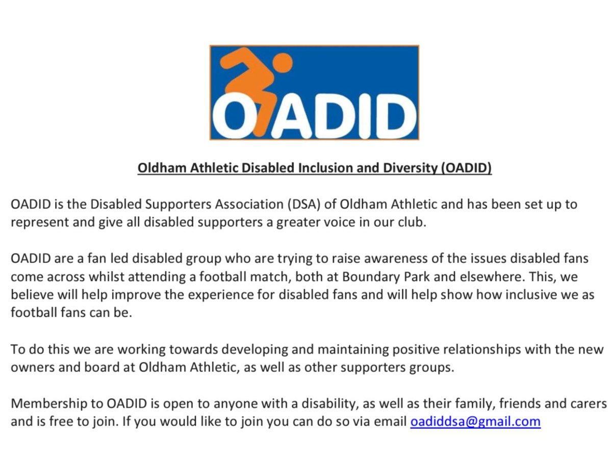 We're pleased to announce the formation of OADID, Oldham Athletic Disability, Inclusion and Diversity supporters association. We can't wait to get started! #oafc