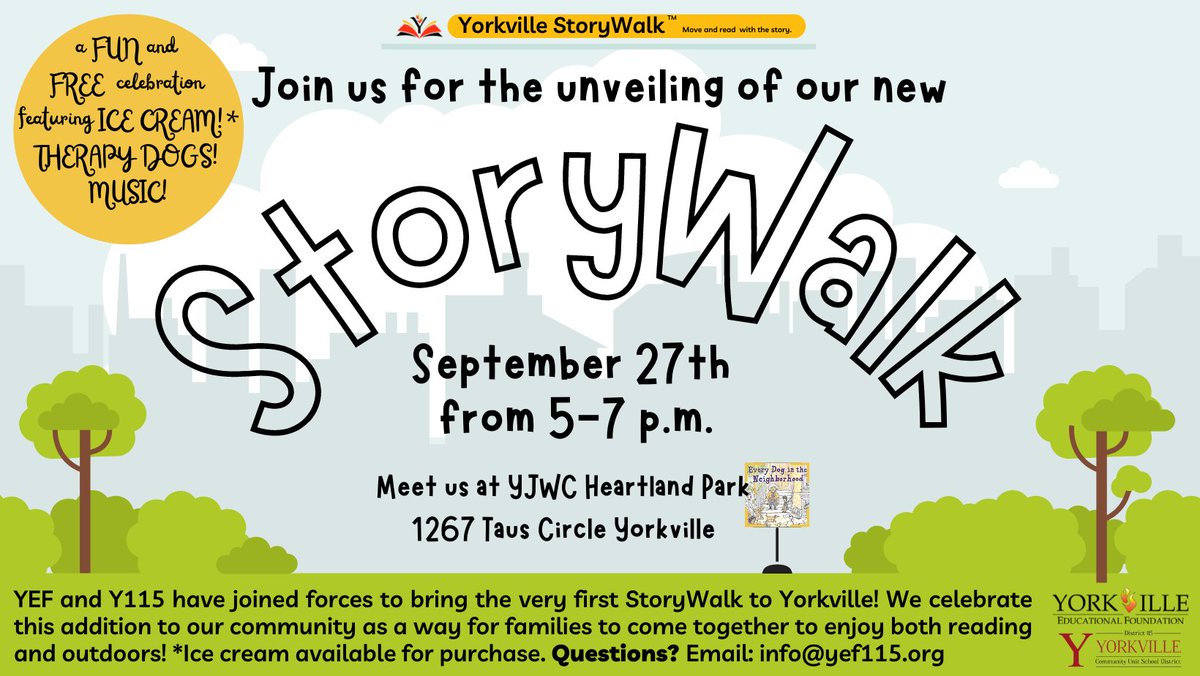 We've been collaborating with <a href="/Mrs_McHugh/">𝕄𝕣𝕤. 𝕄𝕔ℍ𝕦𝕘𝕙  (Steph)</a> for nearly a year to bring a #YorkvilleStoryWalk to our community, &amp; on 9/27 it's time to celebrate! <a href="/Yorkville115/">Yorkville Community Unit School District 115</a> students are already learning about pets, neighborhoods, &amp; how THEY can drive change in our community. Please join us!